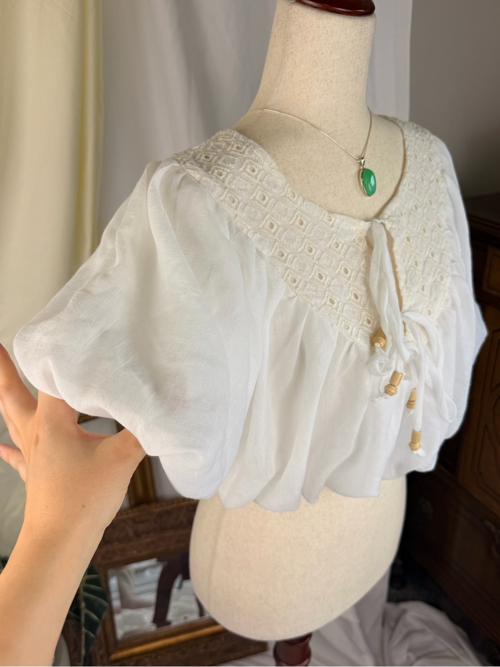 Puffy Sleeves Airy Bohemian White Embroidered Peasant Fairy Crop Top Cottagecore - Picture 2 of 4